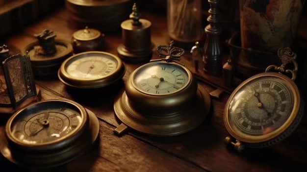 A collection of old clocks including a compass and a compass Generative AI