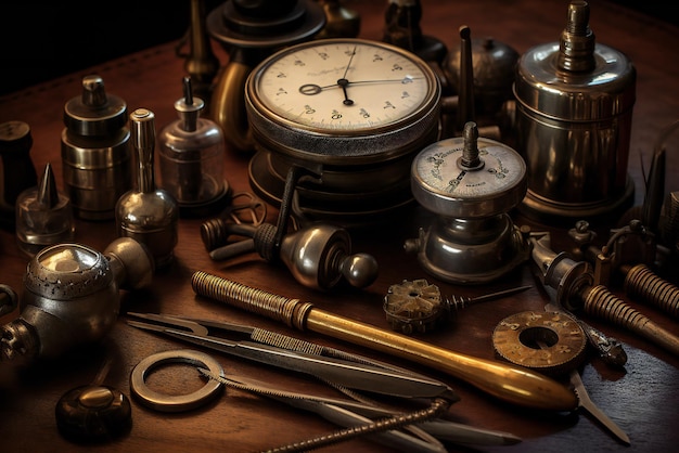 A collection of old clocks including a compass and a compass.