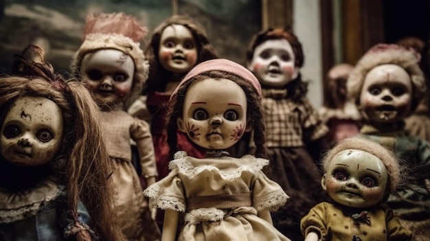 A collection of old dolls is displayed in a room.