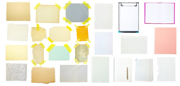 Collection of old note paper on white background.