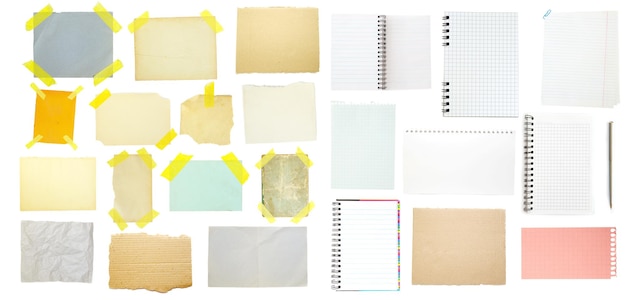 Collection of old note paper on white background