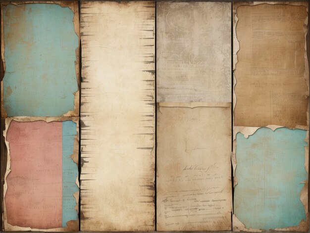 a collection of old papers with torn edges and a faded background with a faded edge