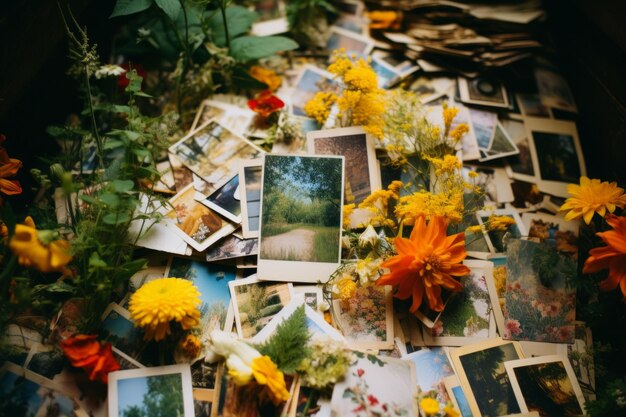 Foto una collezione di vecchie fotografie con fiori gialli e arancioni