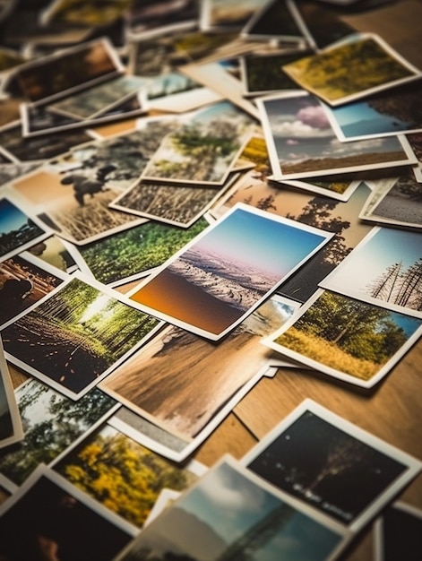 A collection of old polaroid photos on a table.