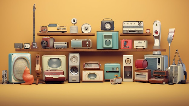 A collection of old radios on a shelf