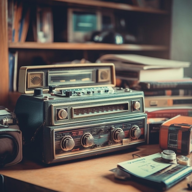 A collection of old radios on a table with a stack of old cassettes.