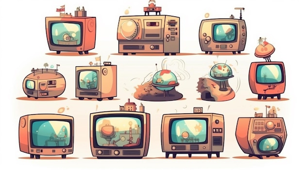 Коллекция старых телевизоров с мультяшным персонажем внизу.