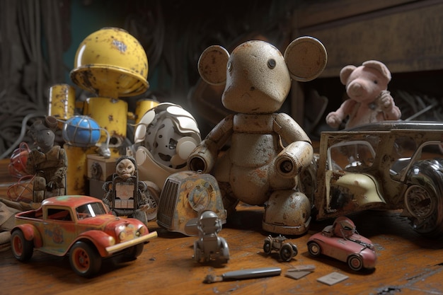 A collection of old toys including a mouse, a car, a car, and a toy car.