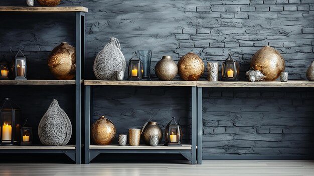 a collection of old vases on a shelf with a brick wall behind them.