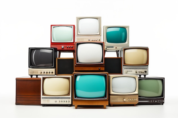 A collection of old vintage retro tv television sets in a stack