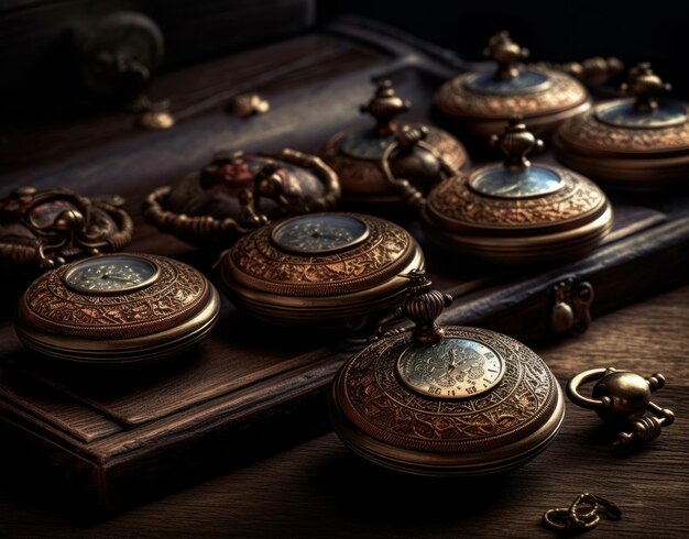 A collection of old watches are on a table with other antique watches.