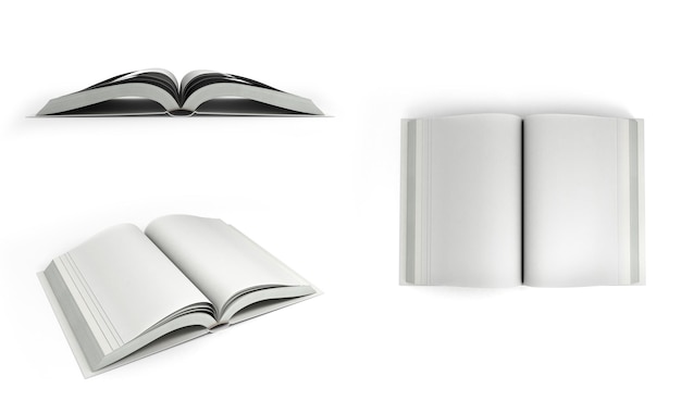 Collection of Open white books 3d render on white background