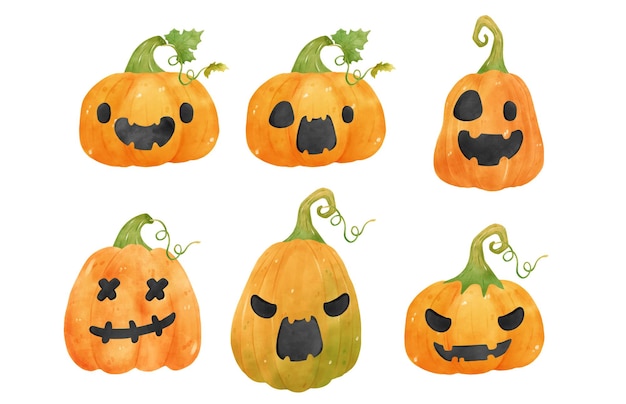 Collection of orange pumpkins watercolor with face jack o lantern collection hand drawn illustration vector