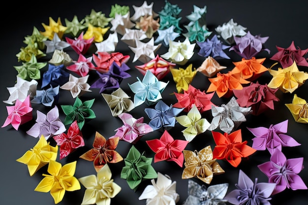 Collection of origami flowers with instructions on how to make each one created with generative ai