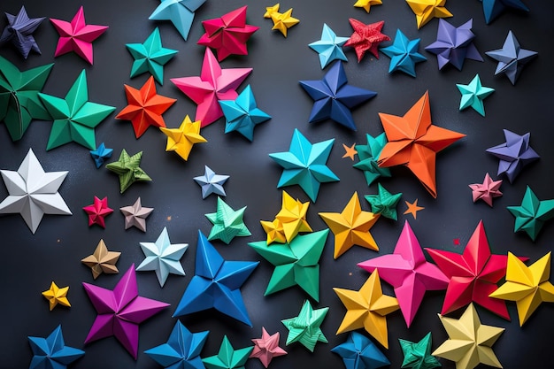 Коллекция бумажных звезд оригами разных размеров и цветов, созданных с помощью генеративного ИИ