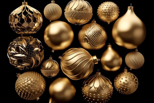 A collection of ornaments including one that is gold and has a leaf on it.