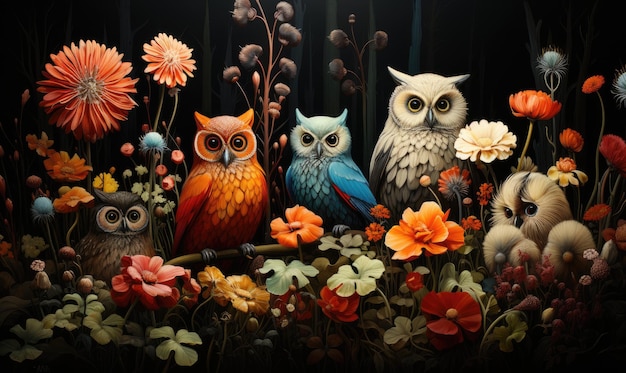 a collection of owls and flowers by person