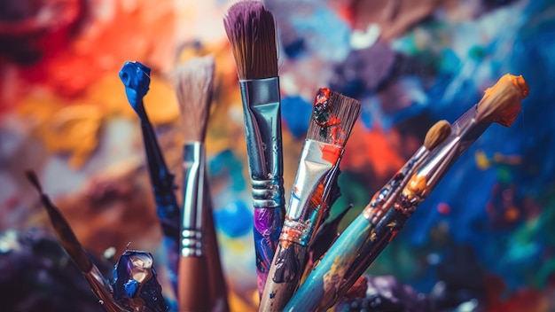 A collection of paint brushes with brushes in the foreground.