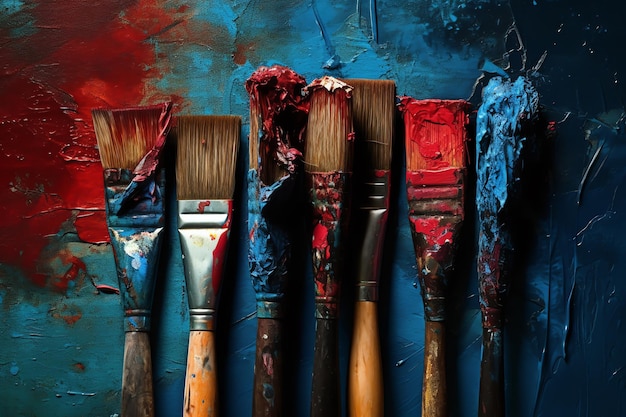 A collection of paint brushes with a red paint stain.