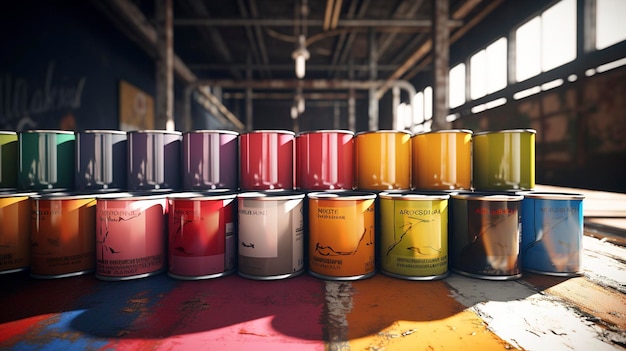A collection of paint cans in a workshop
