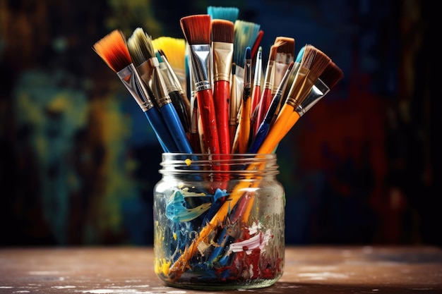 Collection of paintbrushes in a jar