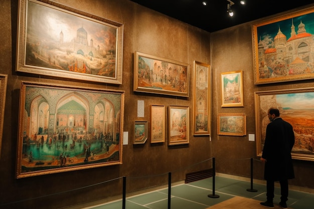 A collection of paintings in a museum with a sign that says'the museum of art '