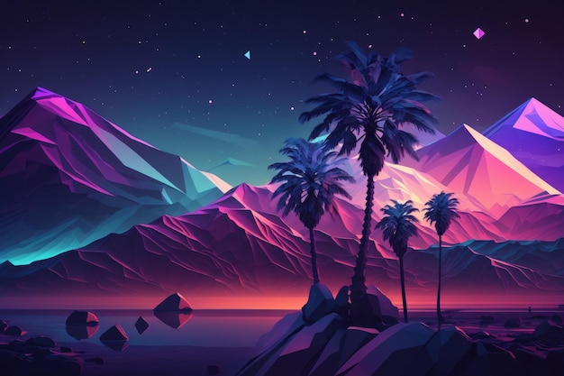 Foto una collezione di palme su una spiaggia con montagne e un cielo al neon.