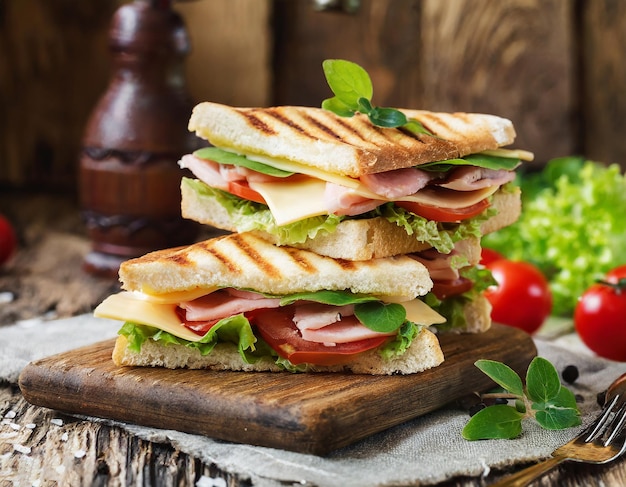 Photo a collection of panini featuring ham cheese and lettuce arranged neatly on a cutting board