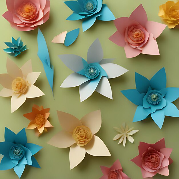 a collection of paper flowers with a blue ribbon