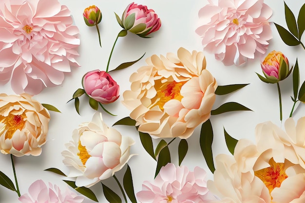 A collection of paper flowers with the word peony on the top.