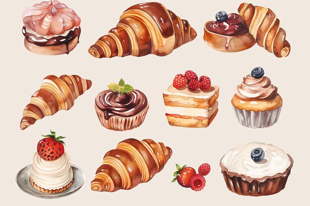 Photo a collection of pastries and desserts including croissants cakes and muffins