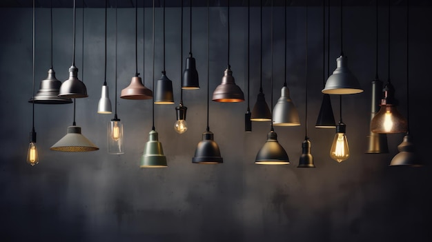 A collection of pendant lights with different colors and the word's on them