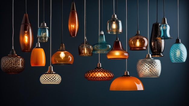 Коллекция подвесных светильников с оранжевыми стеклянными плафонами.