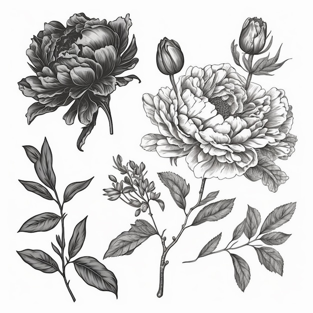 A collection of peonies are shown with leaves and flowers.