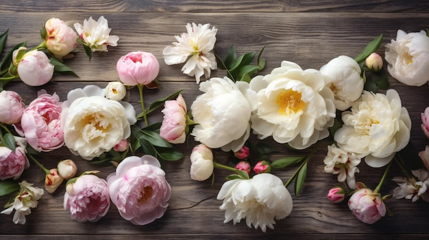A collection of peonies on a wooden table