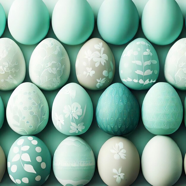 Collection of Perfectly arranged Eggs with Floral Patterns Green and Blue Easter Background