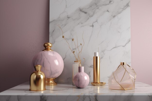 Photo a collection of perfumes on a marble counter top.