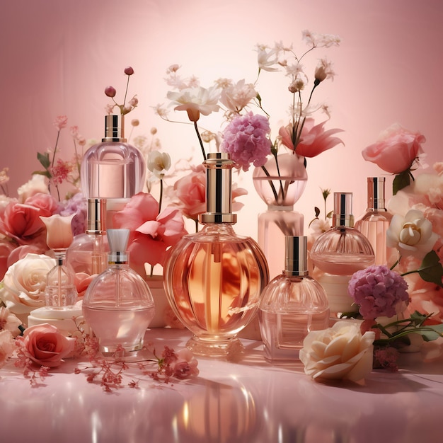 a collection of perfumes on a table with flowers in the background