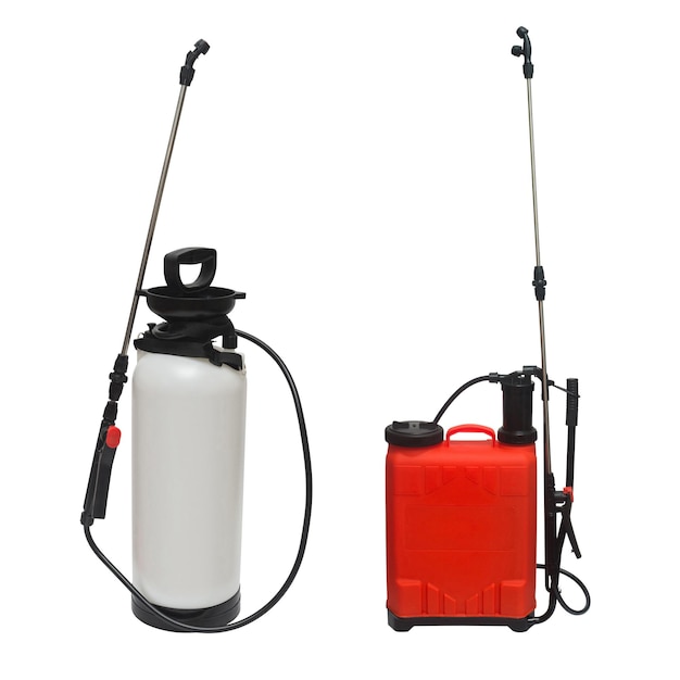 Collection pesticide, herbicide sprayer for working in the garden and vegetable garden isolated on a white background. Manual, for the destruction of pests and insects