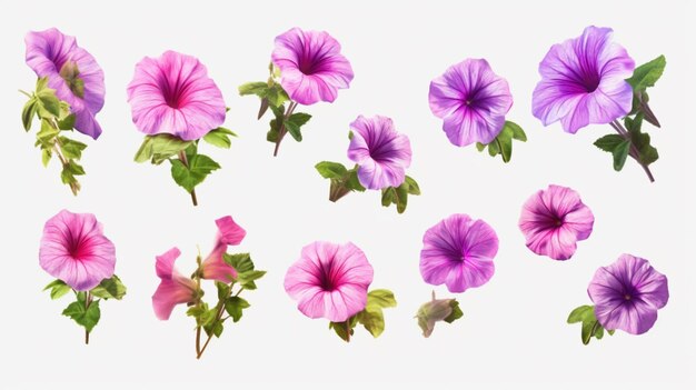 투명한 배경에 고립된 페투니아 꽃 컬렉션