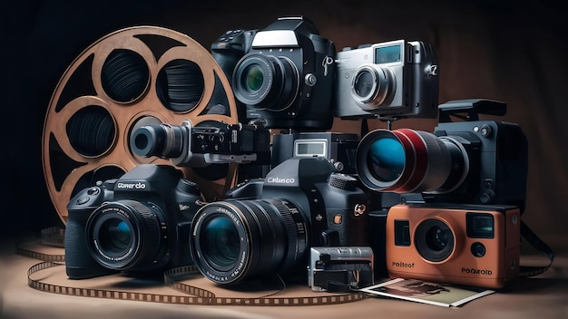 Collection of photo and video cameras near film