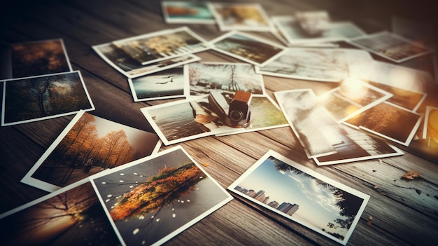 Collection of photos on a wooden background