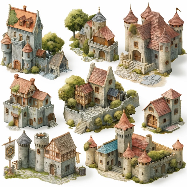 a collection of pictures of a castle with a castle on the top