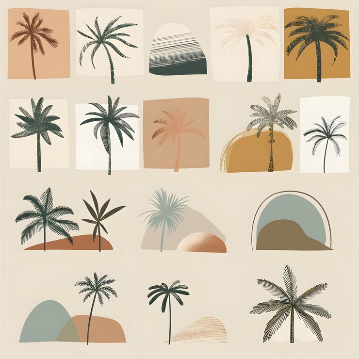 a collection of pictures of palm trees and mountains