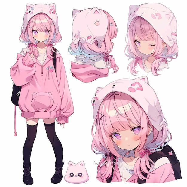 a collection of pictures of pink anime characters including a girl and a cat.