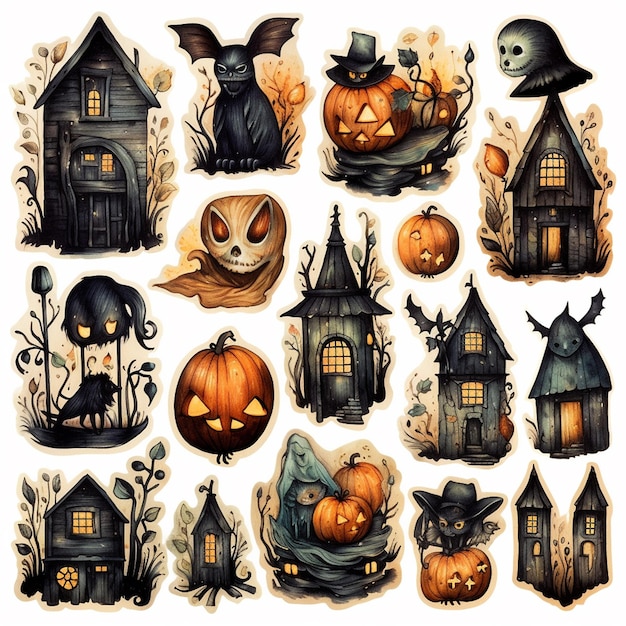 A collection of pictures of pumpkins and houses.