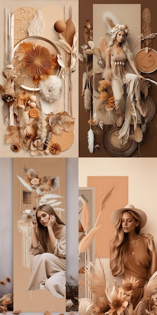 A collection of pictures of woman in hat with flowers and feathers mood board collage