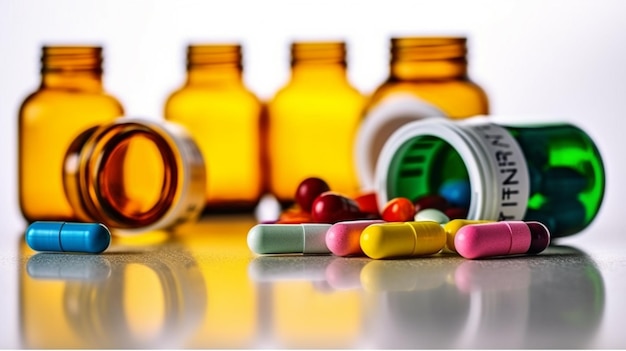 A collection of pills and bottles of pills are in front of a white background.