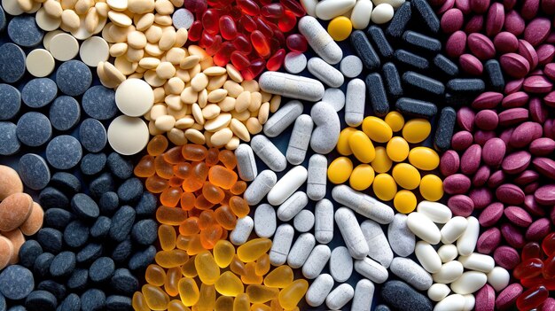 Коллекция таблеток, в том числе красная, белая и синяя.