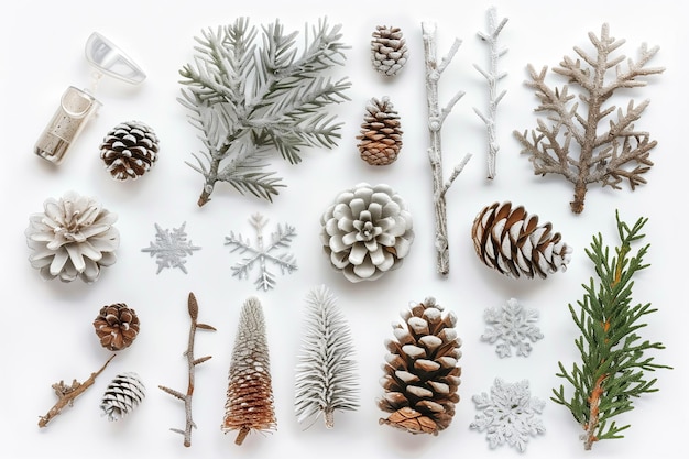 a collection of pine cones one of which has snow on it